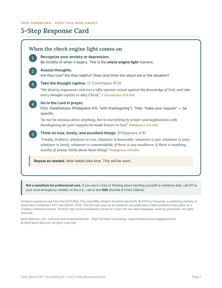 Free 5-Step Response Card: a printable take every thought captive worksheet